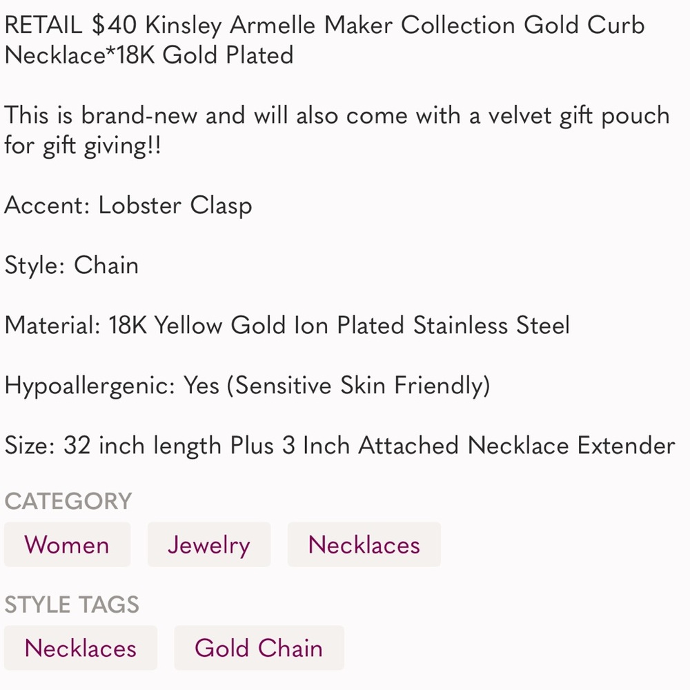 Kinsley Armelle Maker Collection 18k Gold Plated Curb Necklace 32” NWT Retail$40 - Picture 3 of 3